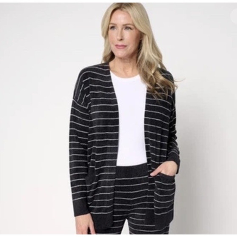 NWT Barefoot Dreams CozyChic UltraLite Striped Cardigan Black/Pearl BDWCU25466 S
